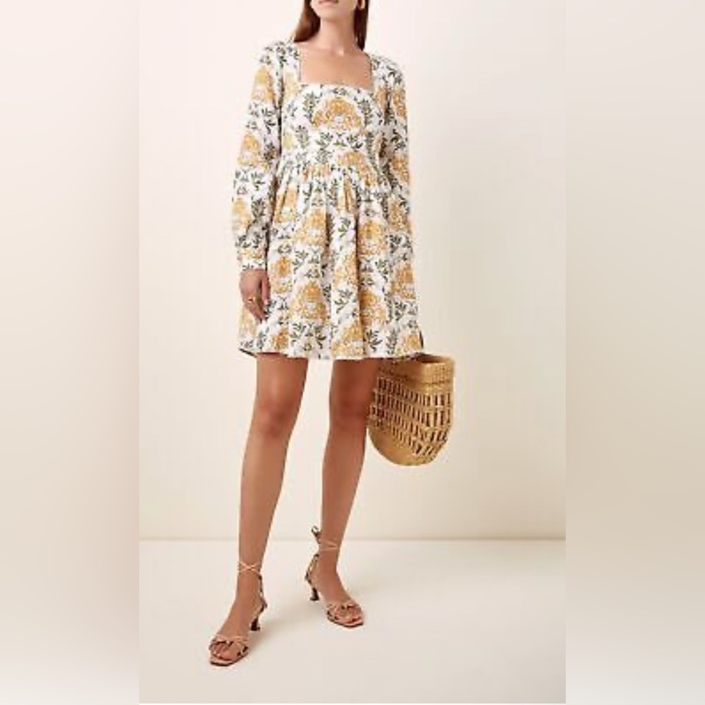Agua Bendita Yellow and Green Smocked Long Sleeve Sundress